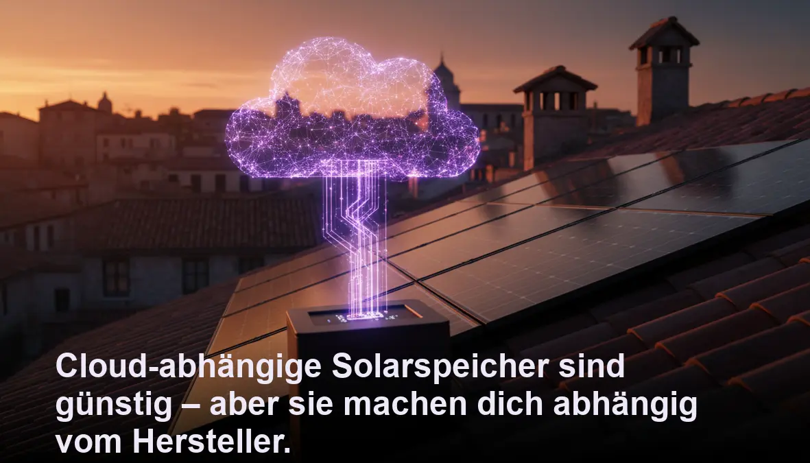 Solarpanel-Anlage mit Speicher und symbolischer Cloud-Abhängigkeit im Abendlicht