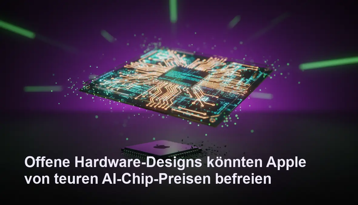 Offene Hardware-Platine mit goldenen Leiterbahnen und elektrischem Lila-Hintergrund, symbolisiert Befreiung von teuren AI-Chips
