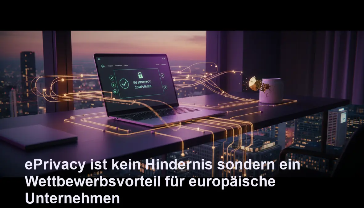Digitale Arbeitsumgebung mit EU-Compliance-Dashboard und goldenem Datenfluss in europäischer Stadt bei Abendlicht