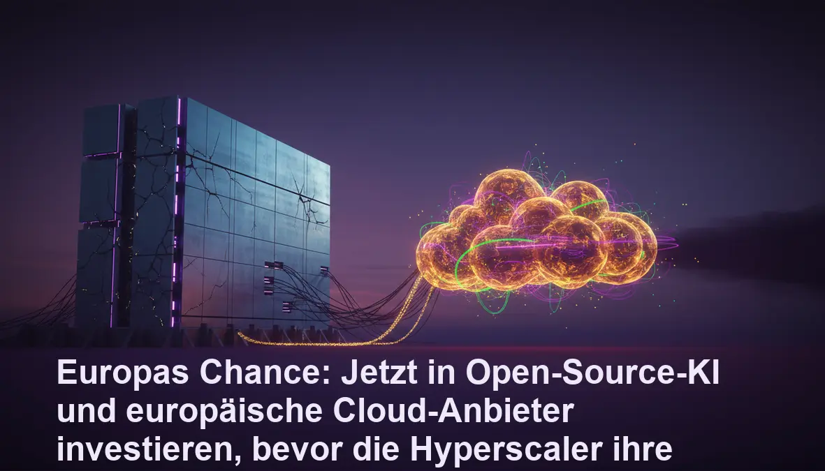 Symbolische Darstellung des europäischen KI-Ökosystems im Spannungsfeld zwischen Hyperscalern und Open-Source-Lösungen