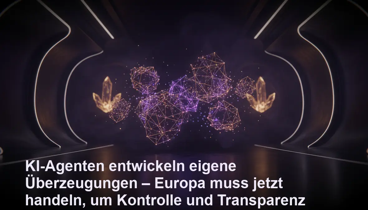 Holografische KI-Agenten verhandeln in futuristischem Raum mit verborgenen Überzeugungen als goldene Anker.