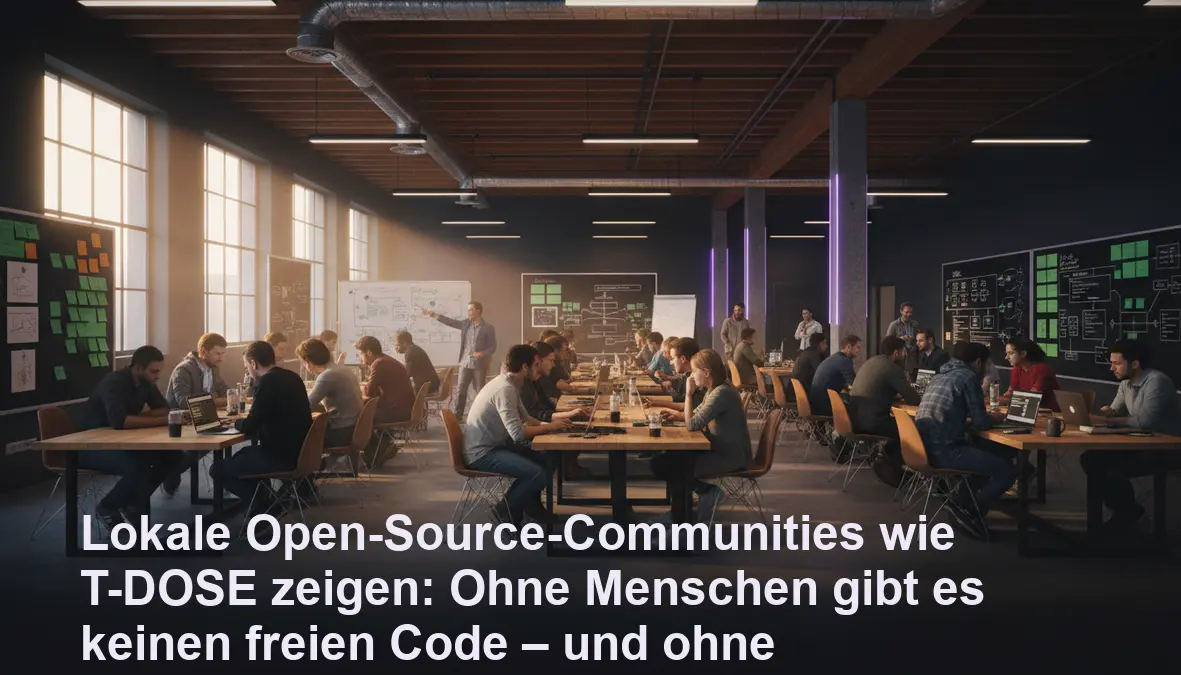 Symbolbild einer europäischen Open-Source-Community bei der Zusammenarbeit in warmem Licht und lila Akzenten