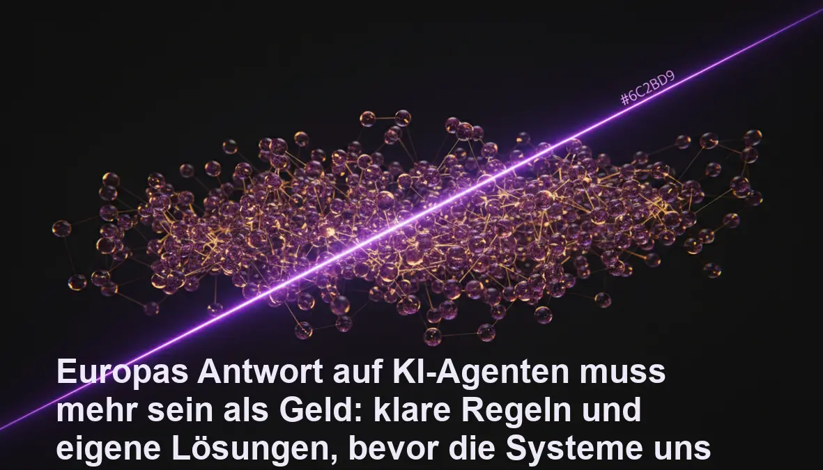 Schwarm leuchtender KI-Agenten in violett-goldenem Licht, von kontrollierendem Strahl durchdrungen