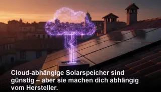 Solarpanel-Anlage mit Speicher und symbolischer Cloud-Abhängigkeit im Abendlicht