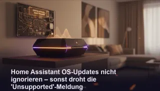 Moderne Smart-Home-Zentrale mit Update-Hinweis und Reboot-Option in dunklem Lila-Licht.