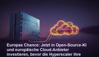 Symbolische Darstellung des europäischen KI-Ökosystems im Spannungsfeld zwischen Hyperscalern und Open-Source-Lösungen