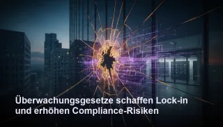 Zersplitterte Glasfläche mit Überwachungsnetz und Datenströmen als Symbol für Compliance-Risiken durch Überwachungsgesetze.