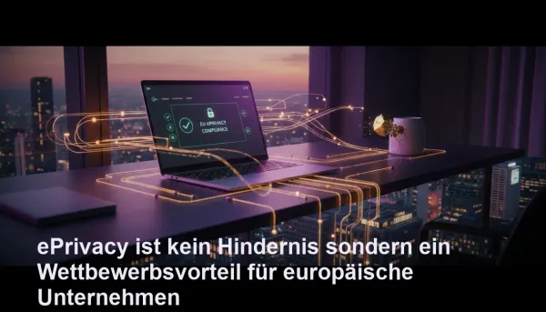 Digitale Arbeitsumgebung mit EU-Compliance-Dashboard und goldenem Datenfluss in europäischer Stadt bei Abendlicht