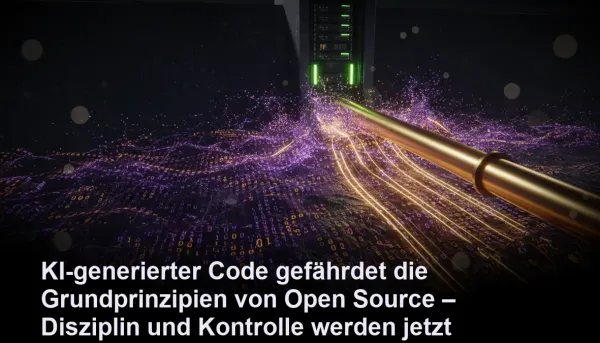 Symbolische Darstellung von KI-Codeflut, die durch Disziplin in geordnete Softwareentwicklung gelenkt wird