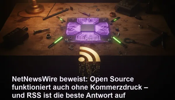 Arbeitstisch mit pulsierendem RSS-Symbol und offenen Schaltkreisen in Violett und Gold