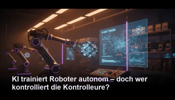 KI-Roboter lernt selbstständig Aufgaben in futuristischem Labor mit warmem Licht und lila Akzenten.