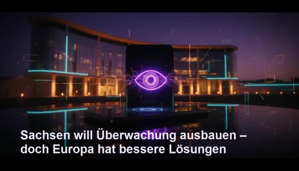 Smartphone mit biometrischer Überwachung und digitale Datenströme vor futuristischem Amtsgebäude
