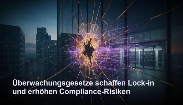 Zersplitterte Glasfläche mit Überwachungsnetz und Datenströmen als Symbol für Compliance-Risiken durch Überwachungsgesetze.