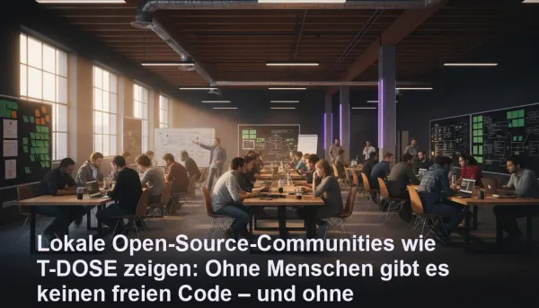 Symbolbild einer europäischen Open-Source-Community bei der Zusammenarbeit in warmem Licht und lila Akzenten
