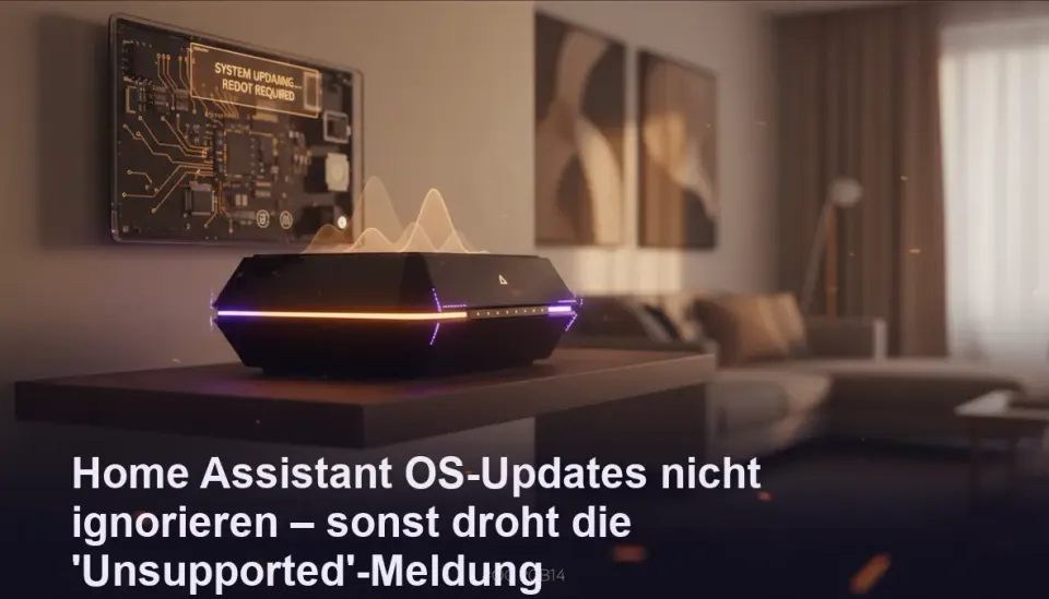Moderne Smart-Home-Zentrale mit Update-Hinweis und Reboot-Option in dunklem Lila-Licht.