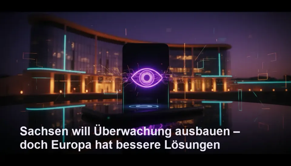 Smartphone mit biometrischer Überwachung und digitale Datenströme vor futuristischem Amtsgebäude